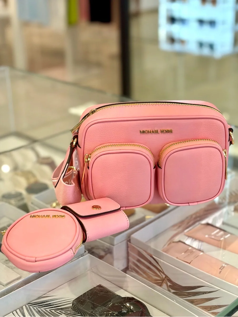 Michael Kors Pink Leather Crossbody Bag with Coin Case and Snap Pouch Carnation